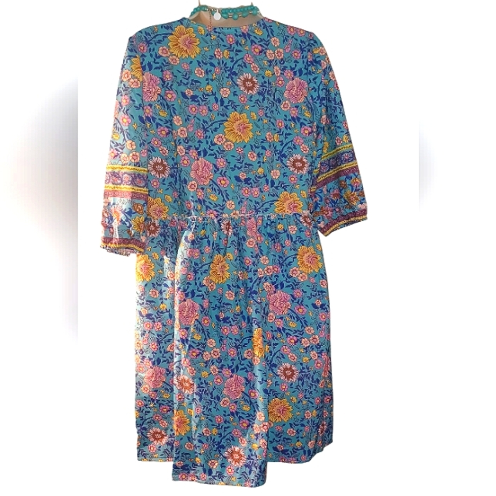 BOHEMIAN STYLE BABYDOLL Yellow & Blue Tiered Mini Dress with V-Neck NWOT SIZE S - Picture 7 of 9
